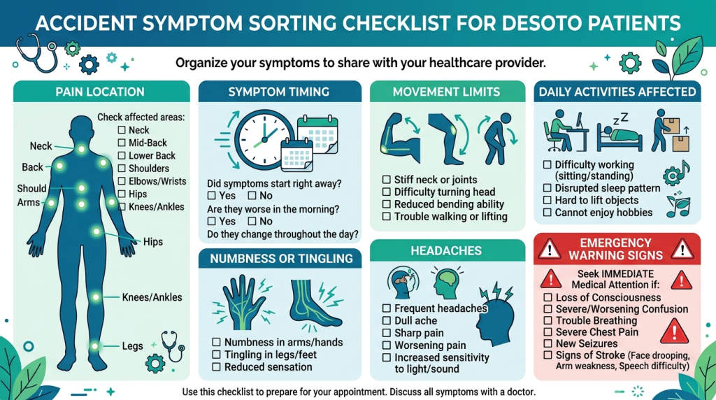 DeSoto accident symptom sorting checklist