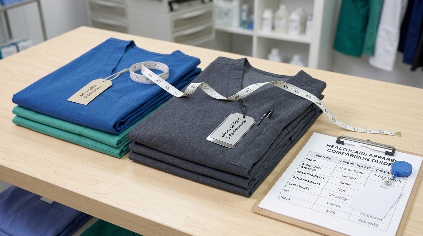 Affordable and premium medical scrubs displayed side by side