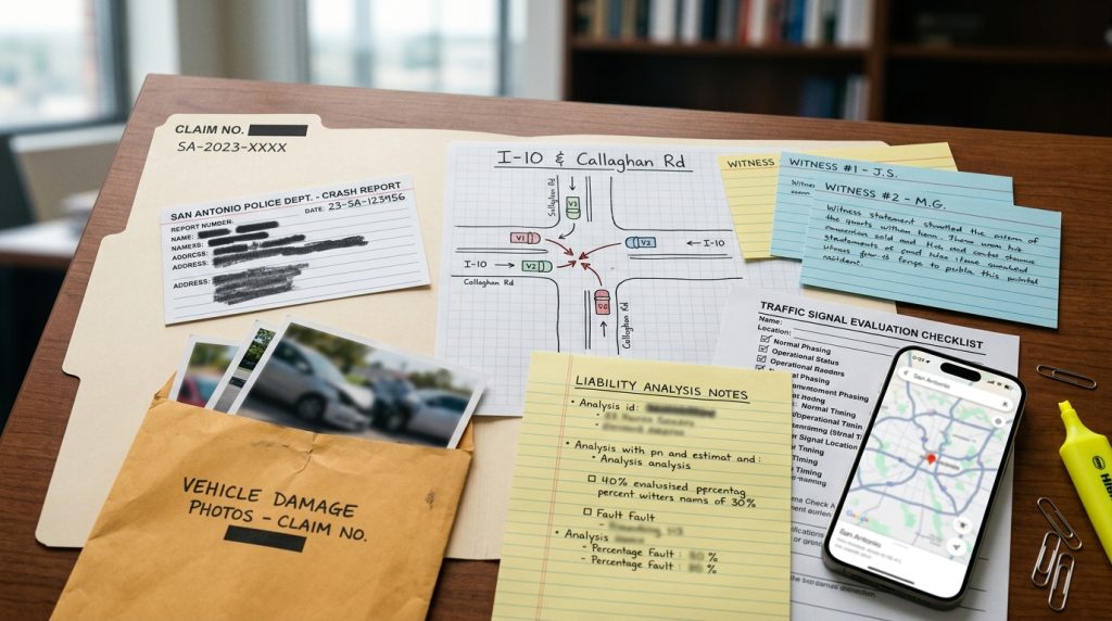 San Antonio accident liability file with crash report photos witness cards road layout and insurance review notes