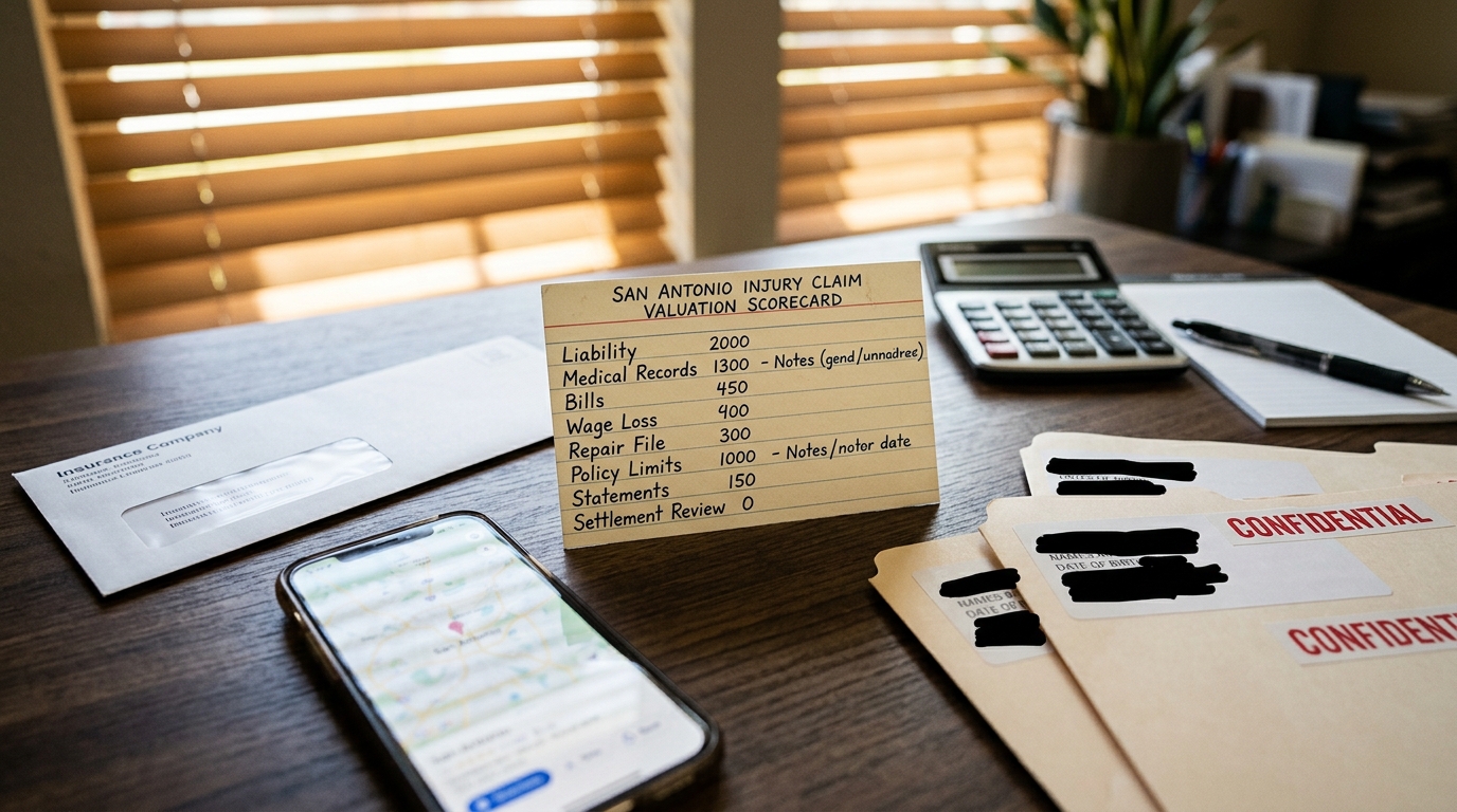 San Antonio injury claim valuation scorecard with liability medical records bills wage loss insurance limits and settlement review notes