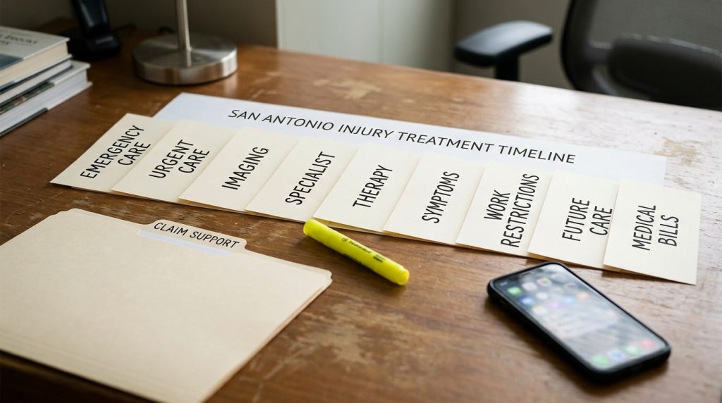 San Antonio injury treatment timeline with emergency care imaging therapy symptoms work restrictions and medical bill review cards