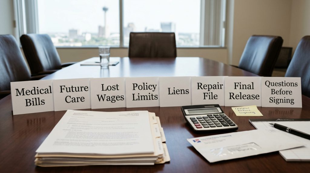 San Antonio settlement release review board with medical bills future care lost wages policy limits and before signing checklist