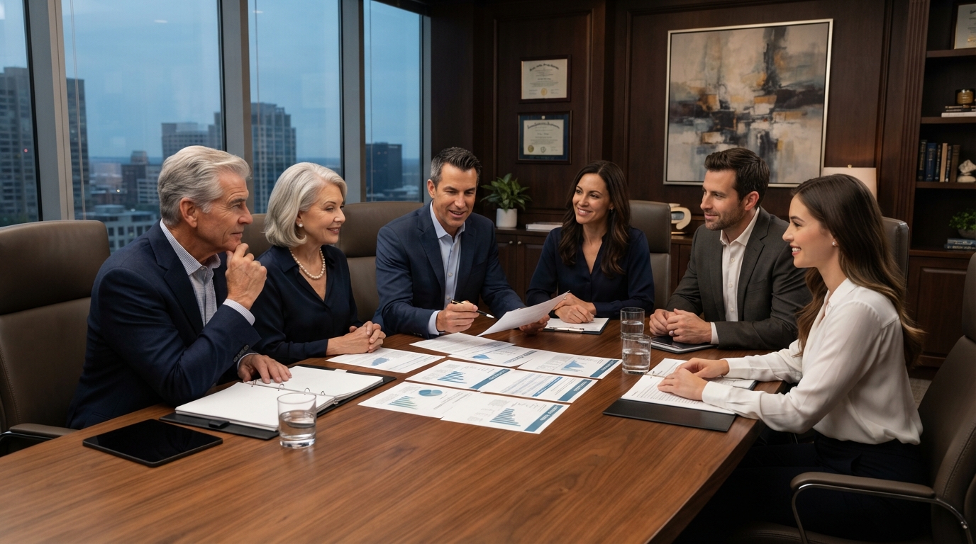 High-net-worth family coordinating investments, taxes, protection, estate planning, and charitable giving