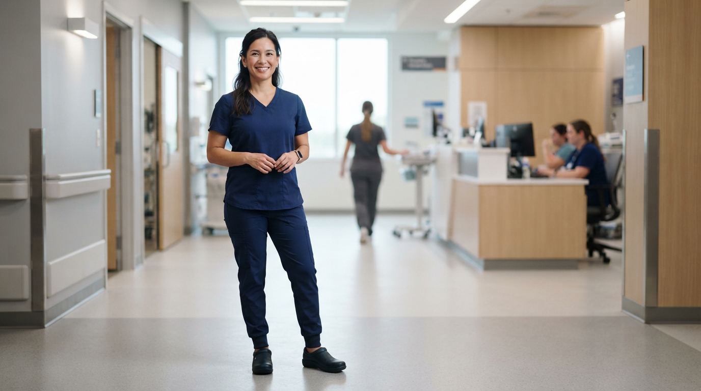 Woman healthcare professional wearing modern jogger scrub pants