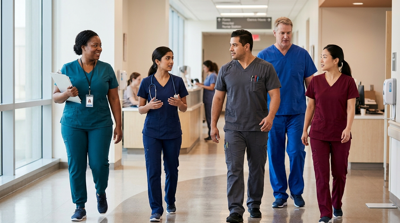 Healthcare workers with different body types wearing well-fitted scrubs in a clinic hallway