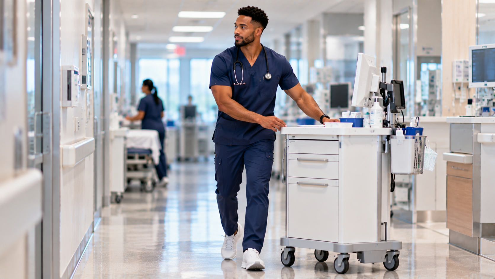 Healthcare professional wearing comfortable scrubs during a long clinical shift