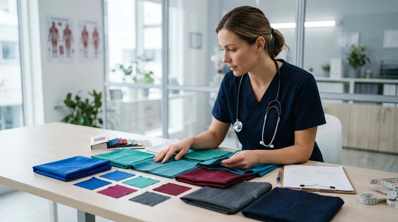 Healthcare worker comparing scrub fabrics for long shifts